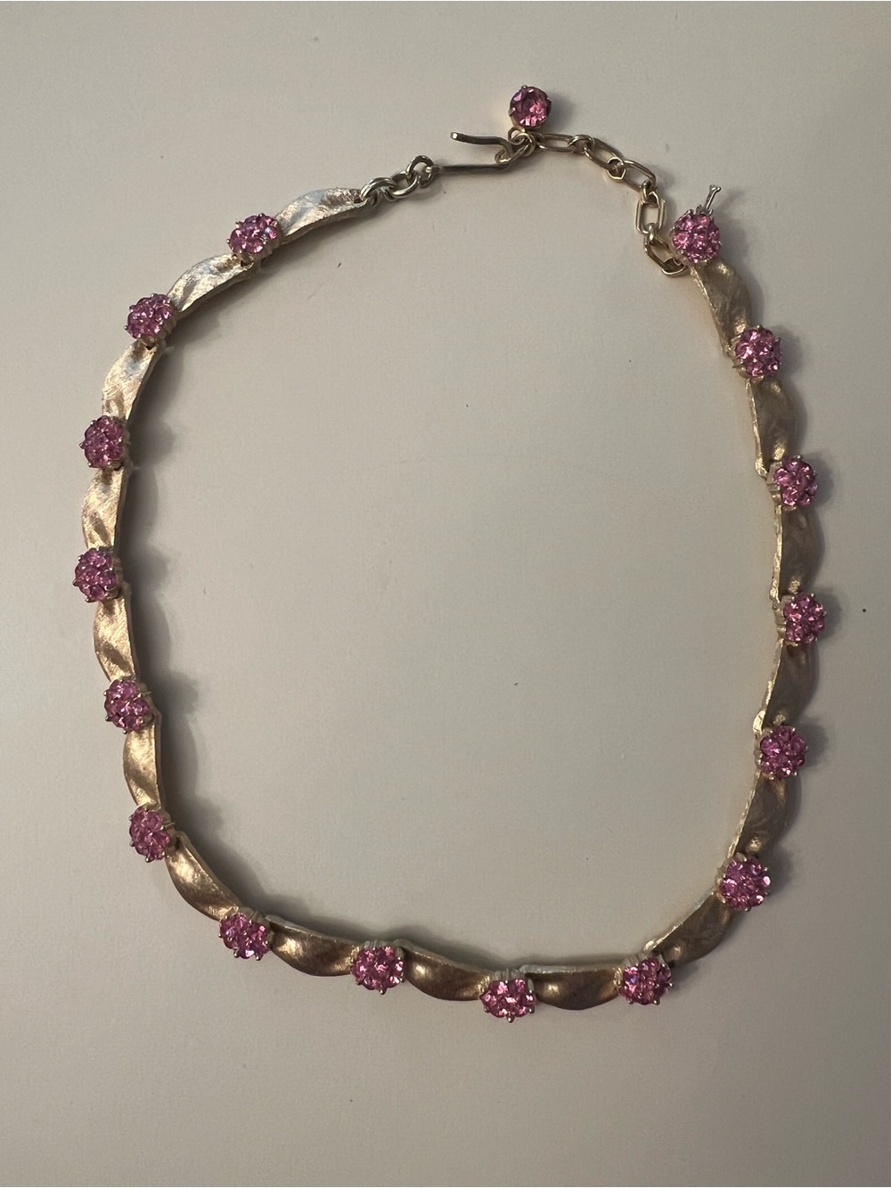 Trifari crown Gold-Tone Necklace with Pink Crystal Flower Accents Vintage Rare